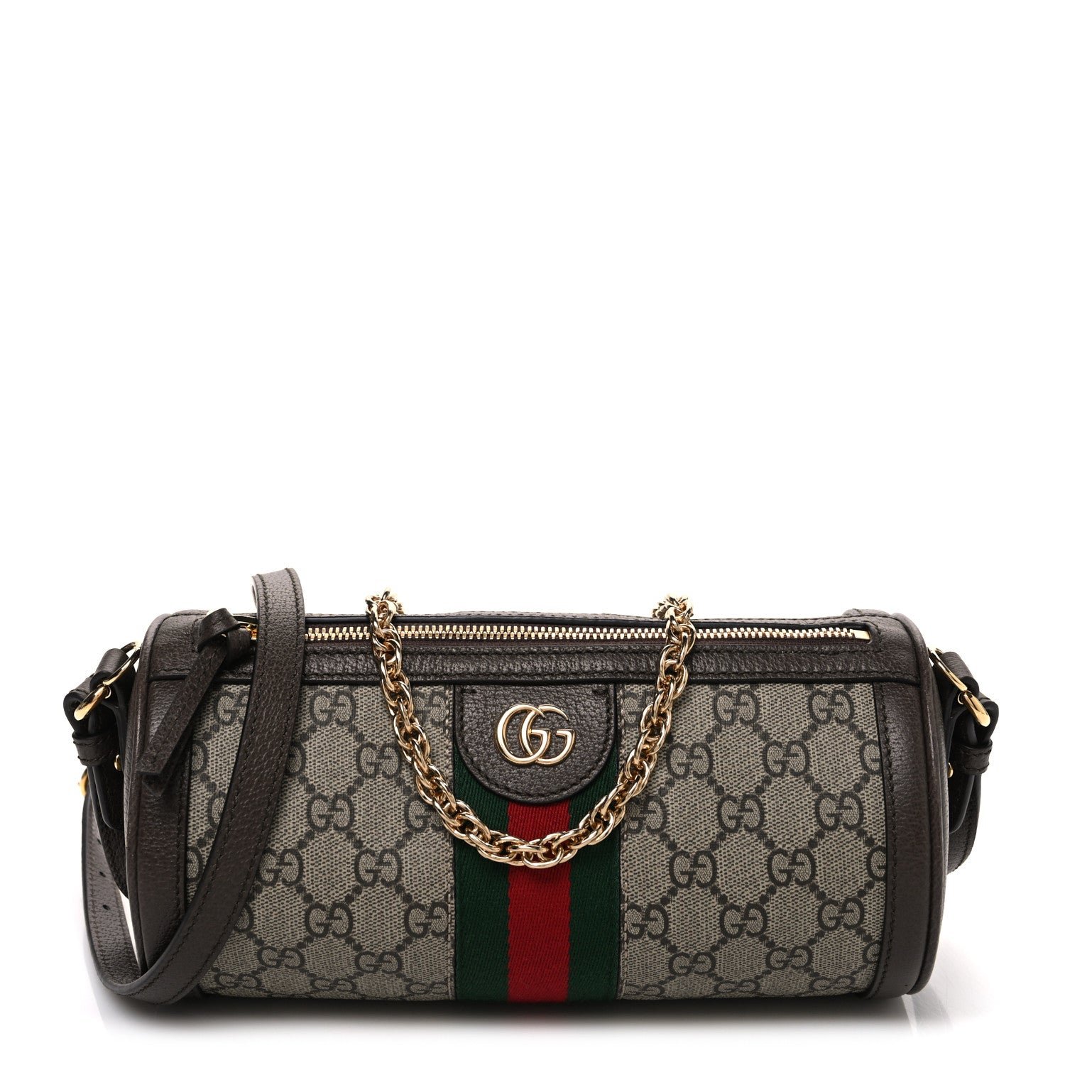 Gucci GG Supreme Monogram Textured Dollar Calfskin Web Small Ophidia Blondie Barrel shoulder Bag Beige New Acero