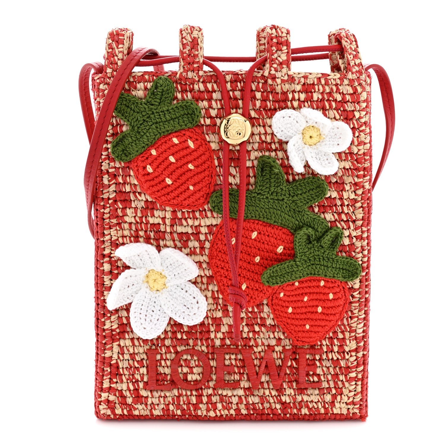 Loewe x Paula's Ibiza Raffia Crochet Mini Strawberry Crossbody Bag Red