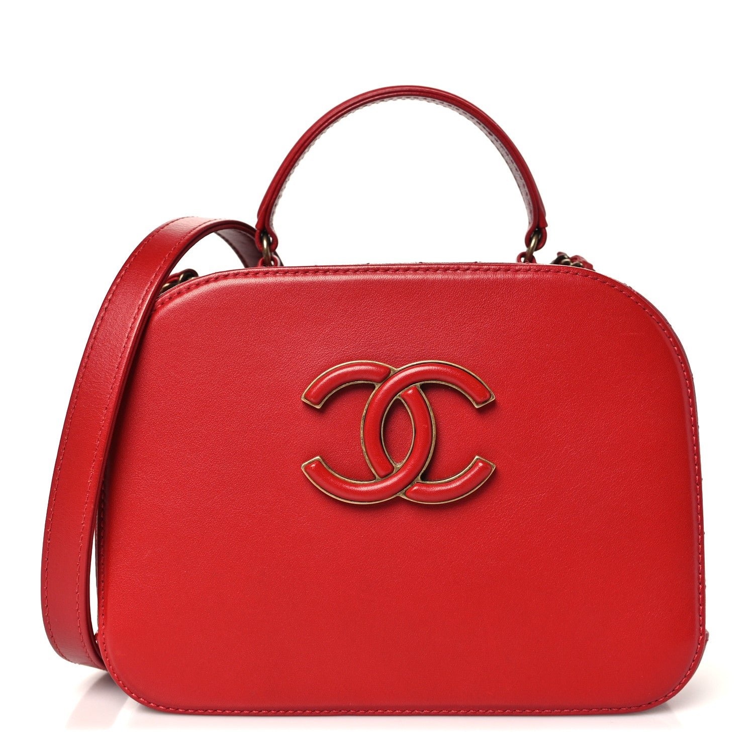 Chanel Shiny Calfskin Goatskin Quilted Small Coco Curve Vanity Red