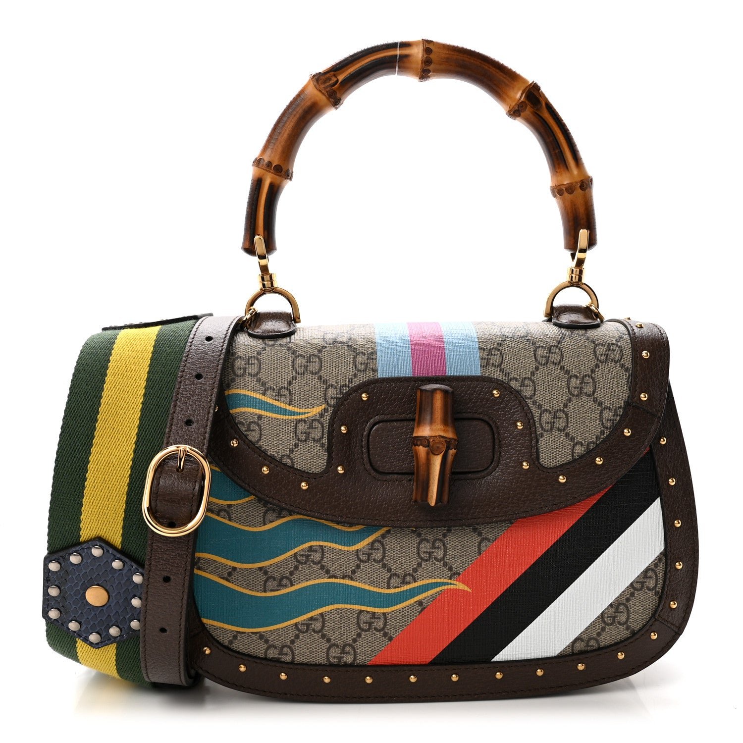 Gucci GG Supreme Monogram Studded Calfskin 100 Centennial Geometric Medium Bamboo 1947 Top Handle Bag Beige Ebony Multicolor