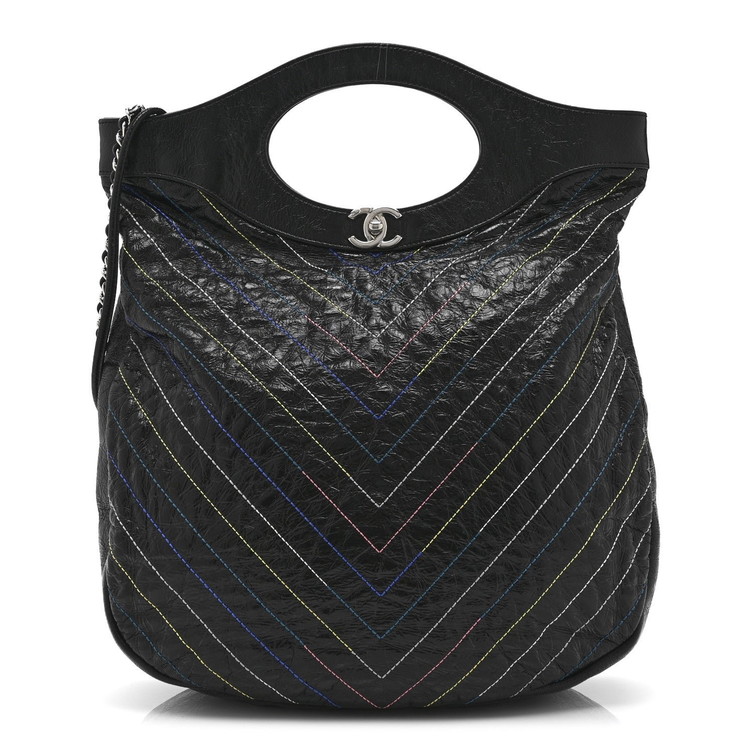 Chanel Glazed Calfskin Chevron Stitched Large 31 Shopping Bag Black Multicolor
