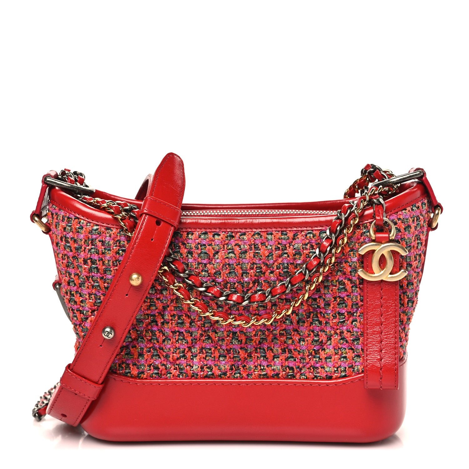 Chanel Tweed Calfskin Small Gabrielle Hobo Red Multicolor
