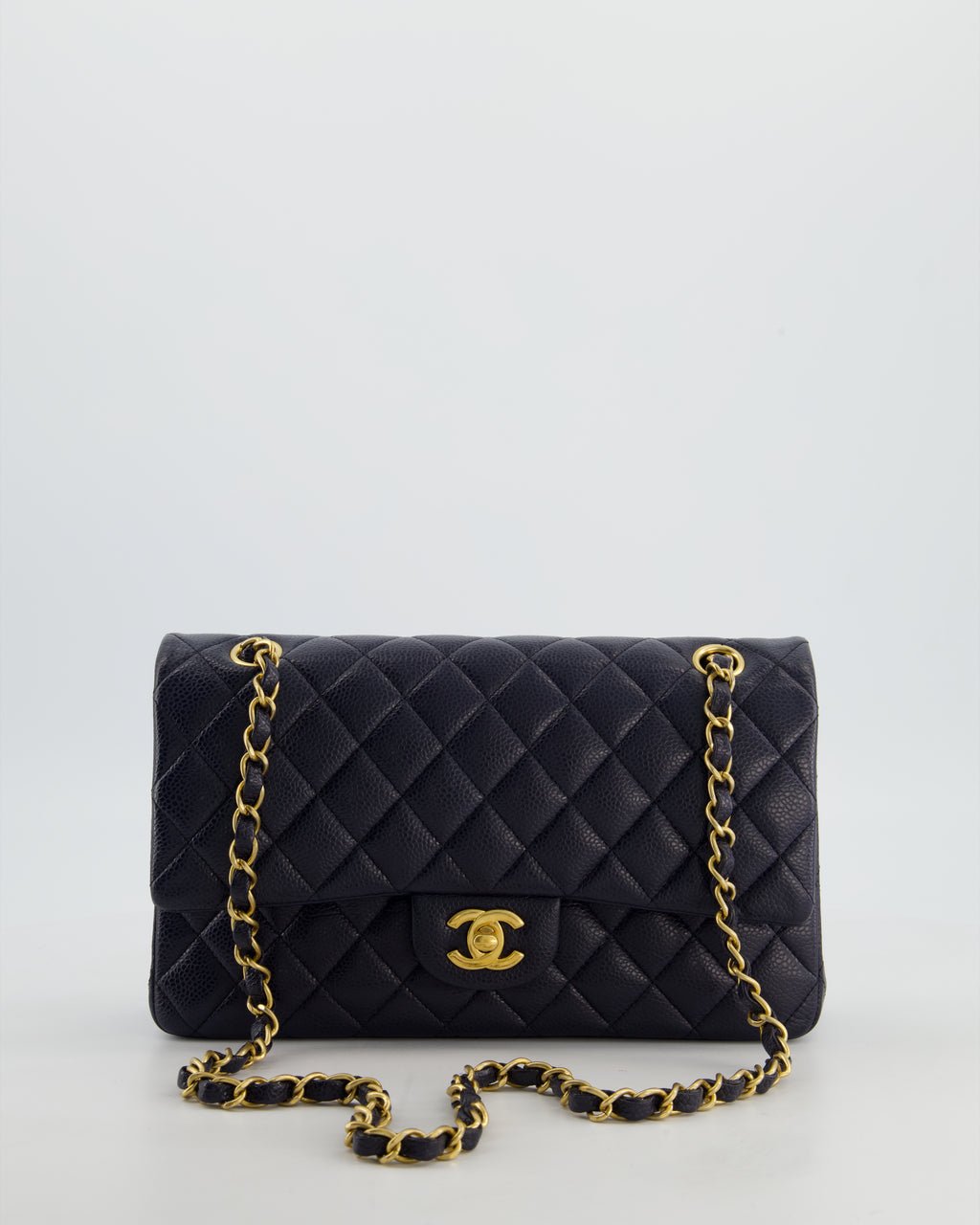 Chanel Medium Navy Classic Double Flap Bag in Caviar Leather with Aged Brushed Gold Hardware