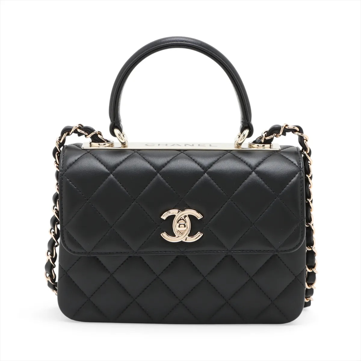 Chanel Trendy CC Lambskin 2 Way Handbag Black Gold Metal Fittings random plate A
