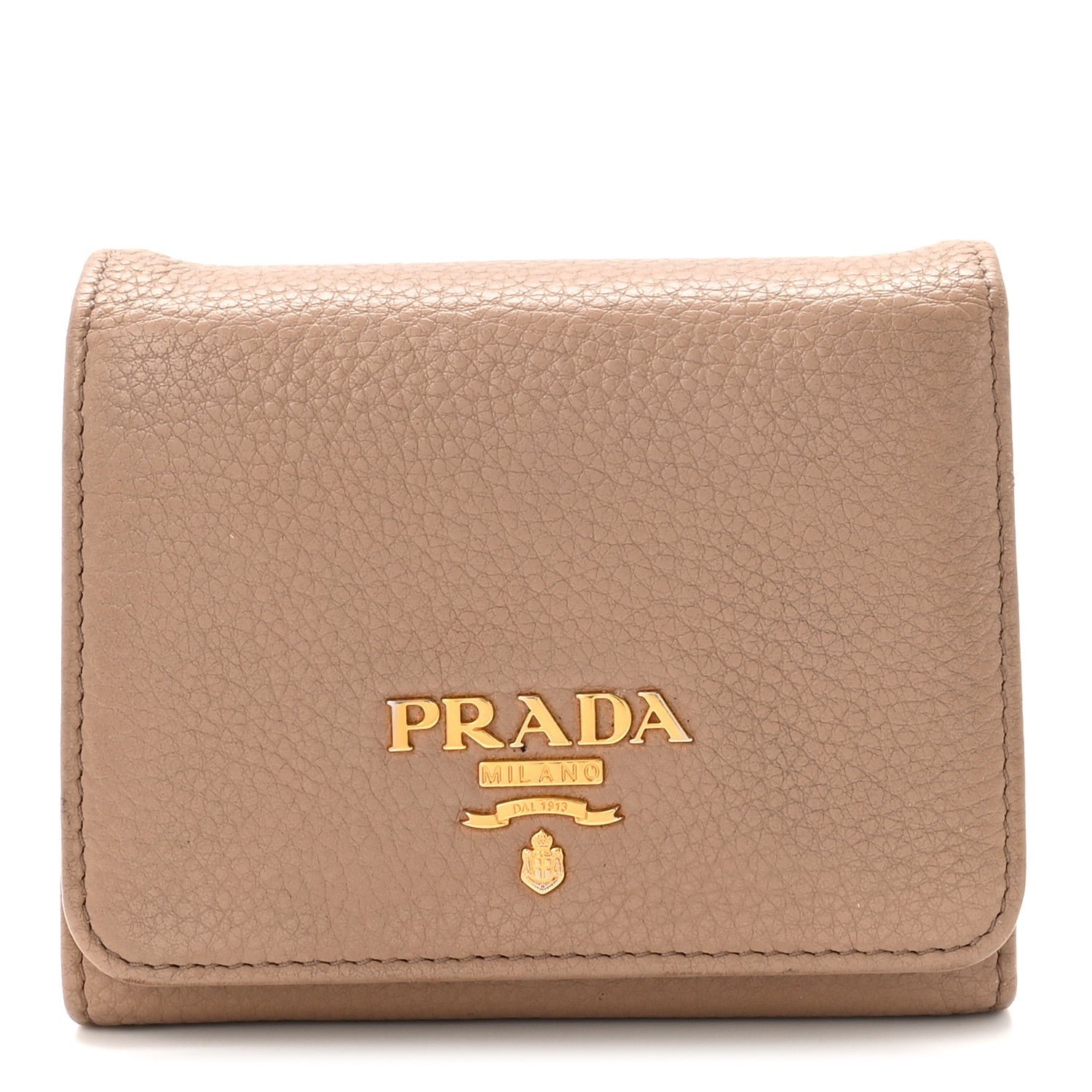 Prada Vitello Daino Metal Tri-Fold Wallet Cammeo