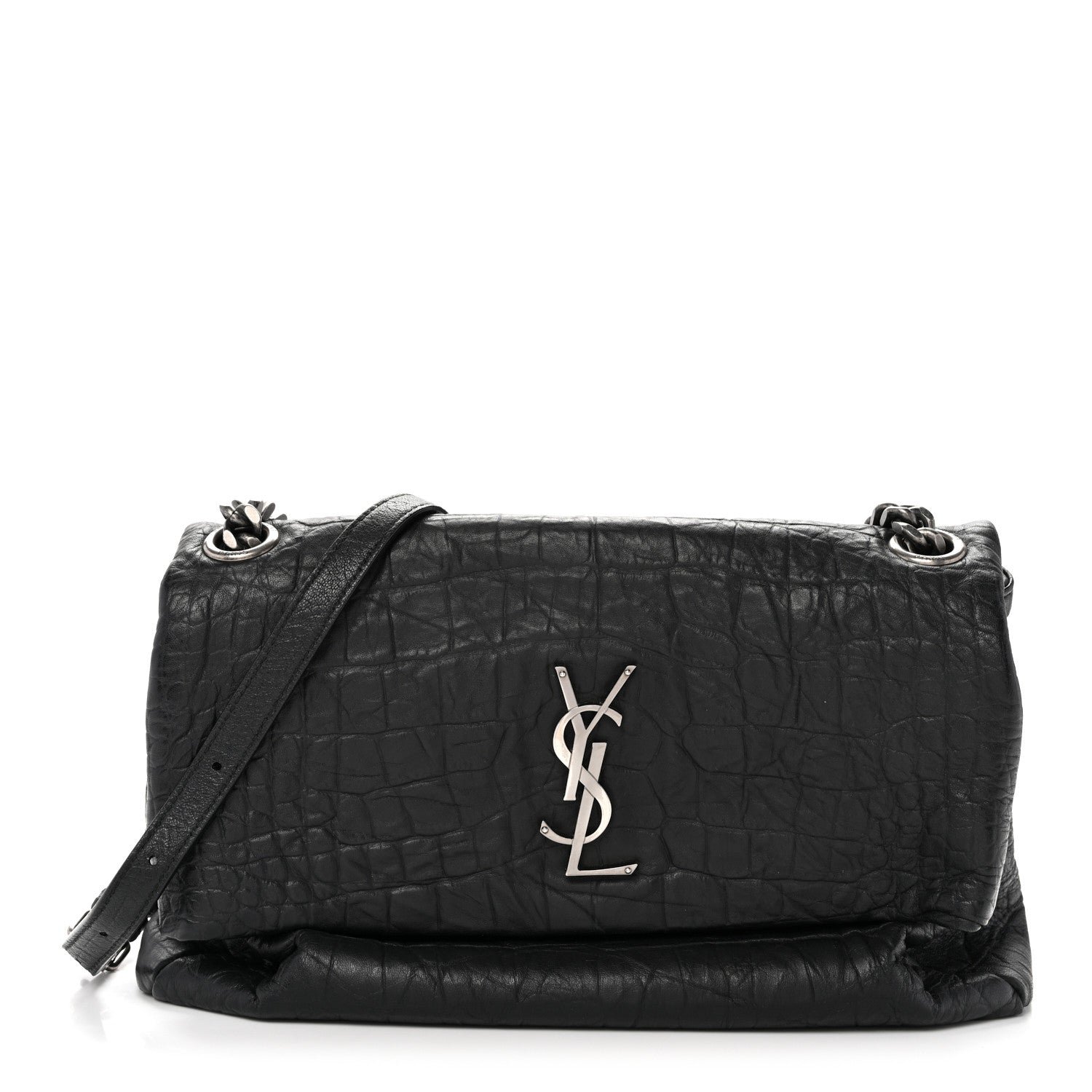 Saint Laurent Calfskin Crocodile Embossed Medium West Hollywood Monogram Fold-Over Black