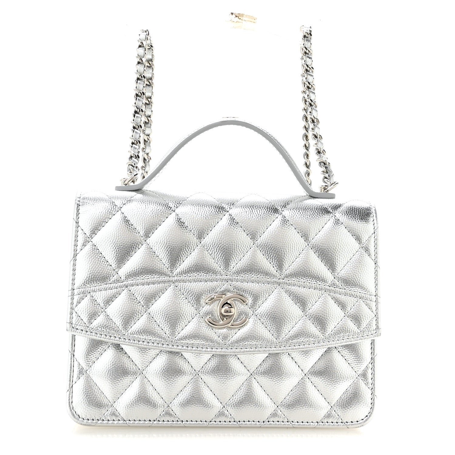 Chanel Metallic Caviar Quilted Top Handle Wallet on Chain WOC Silver