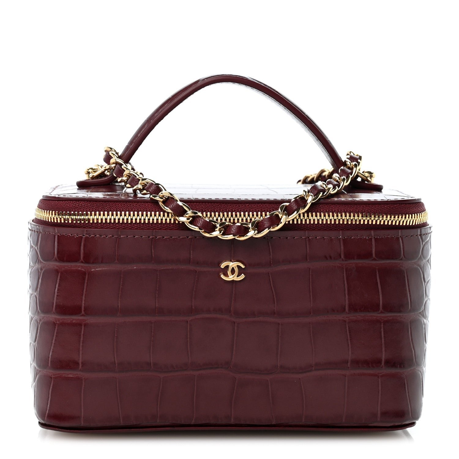Chanel Calfskin Crocodile Embossed Crococo Small Top Handle Vanity Case With Chain Dark Burgundy