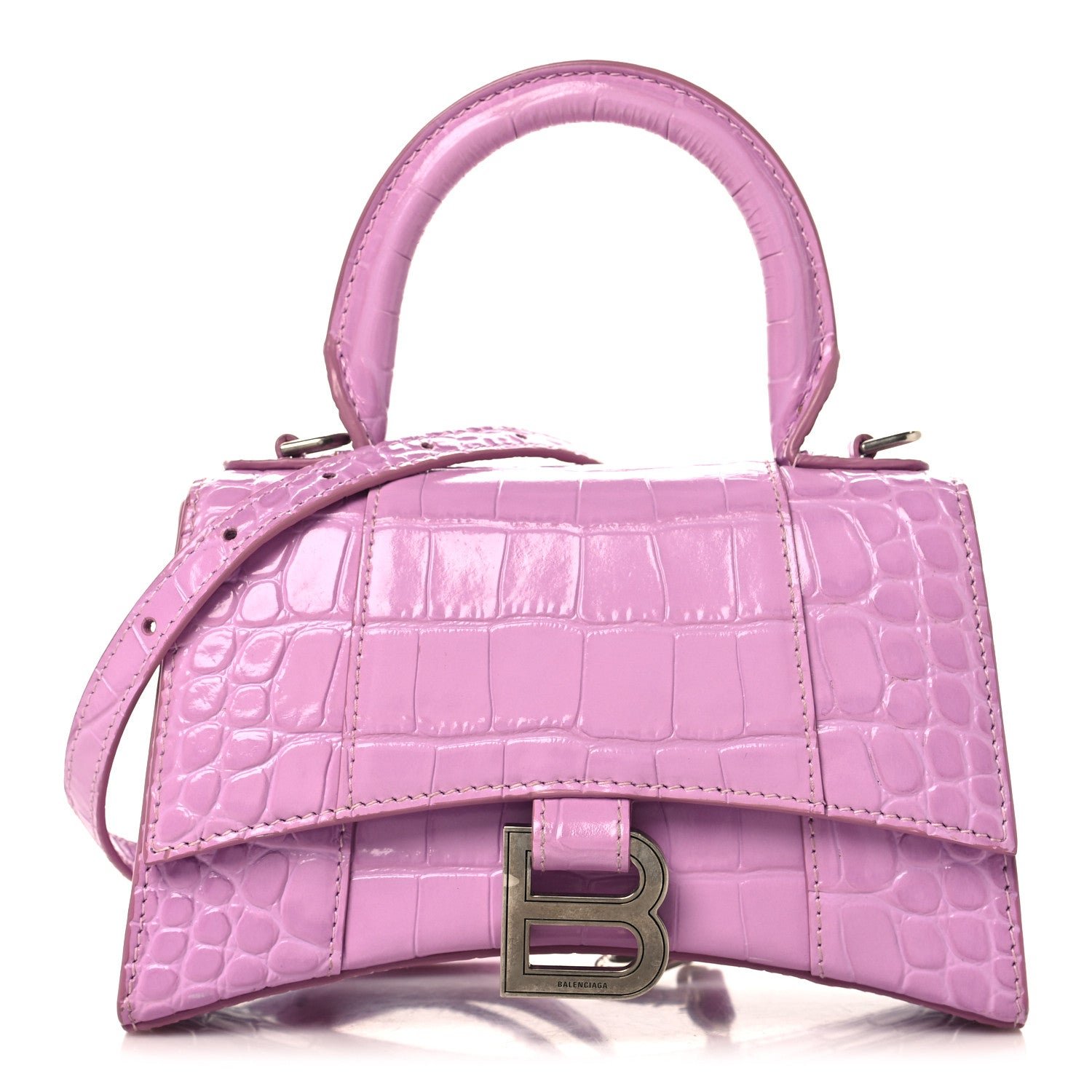 Balenciaga Balenciaga Shiny Calfskin Crocodile Embossed Hourglass Top Handle Bag XS Lilac