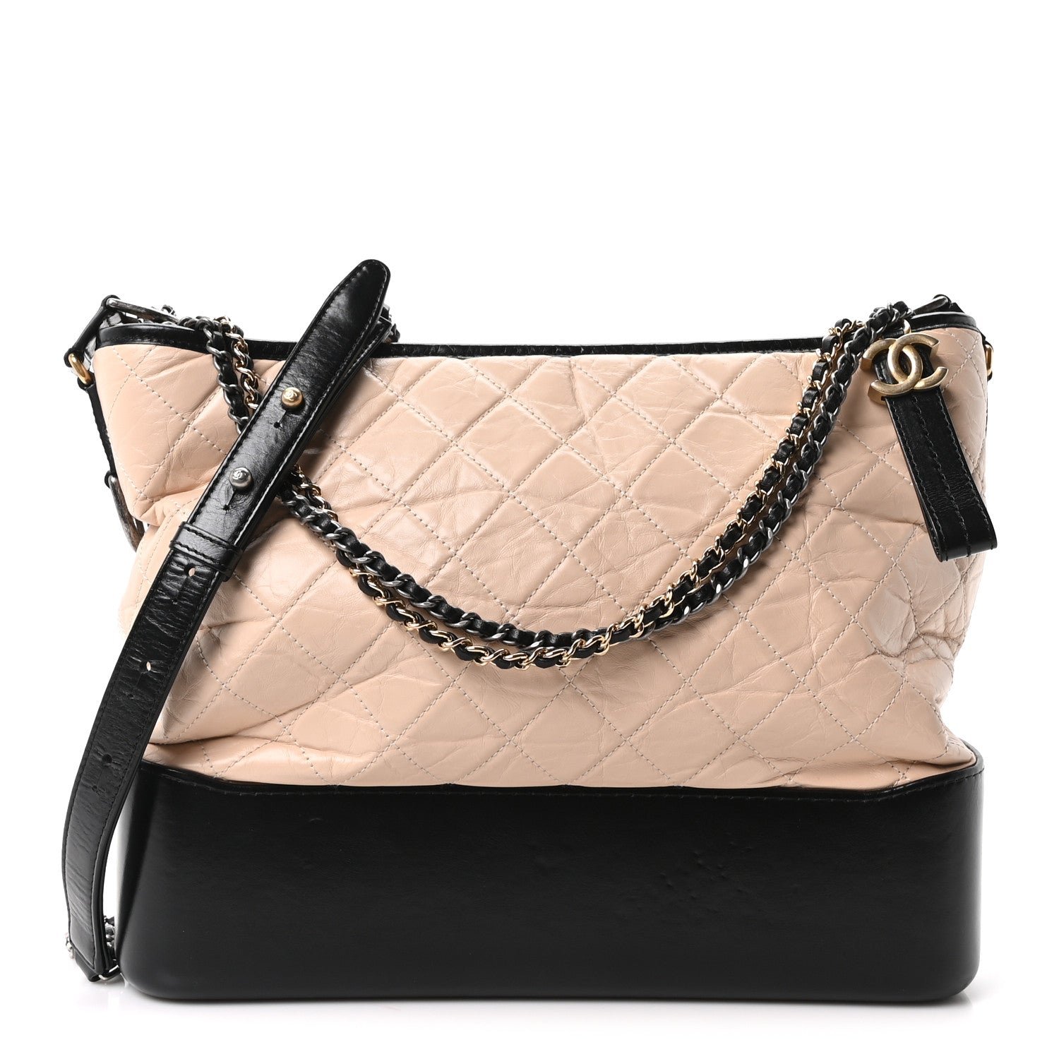 Chanel Aged Calfskin Quilted Large Gabrielle Hobo Beige Black