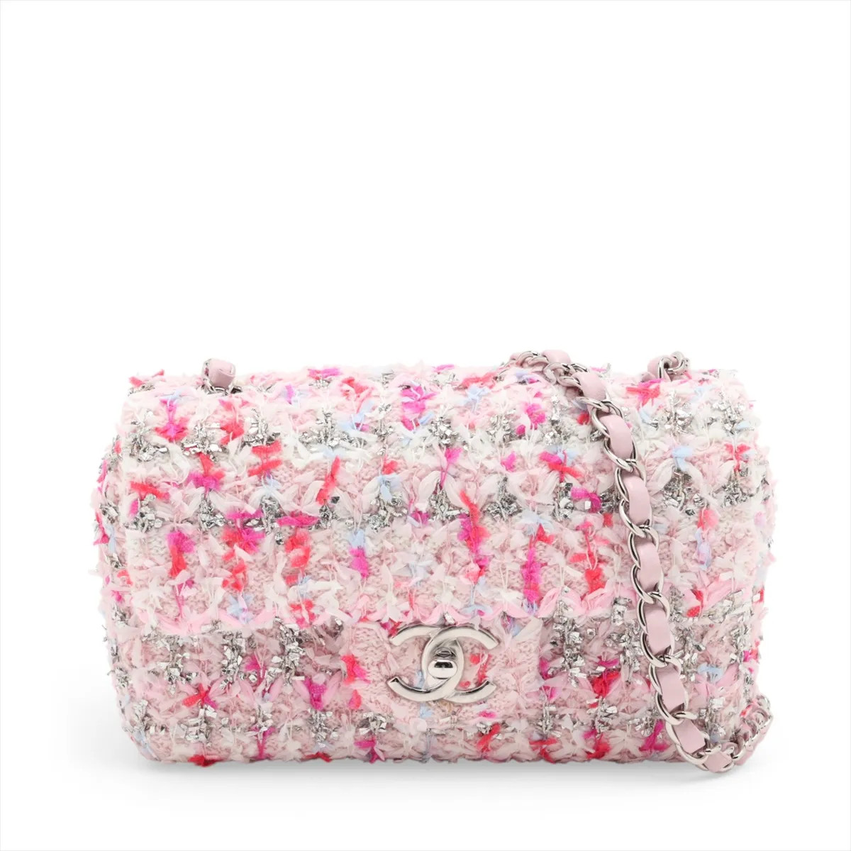 Chanel Mini Matelasse 20 Tweed Single Flap Single Chain Bag Pink Silver Metal Fi