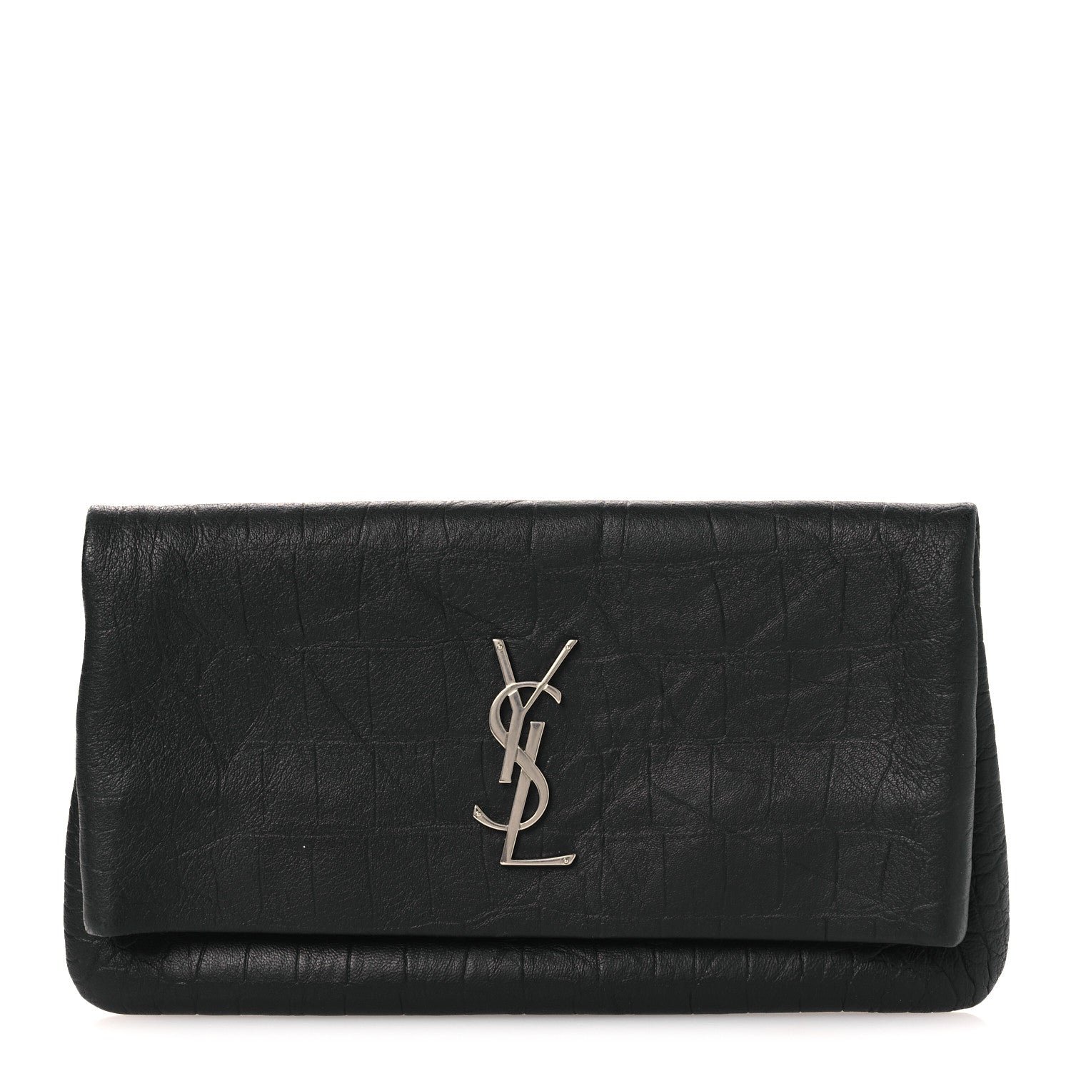 Saint Laurent Calfskin Crocodile Embossed West Hollywood Monogram Fold Over Clutch Black