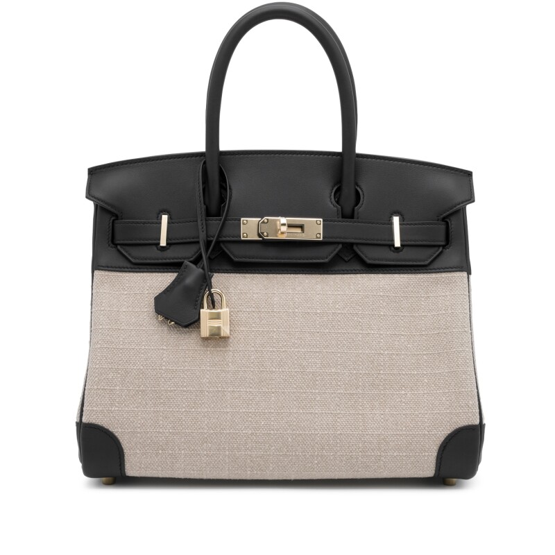 Hermes Black Swift and Ficelle Bivouac Toile Birkin 30 Permabrass Hardware, 2024