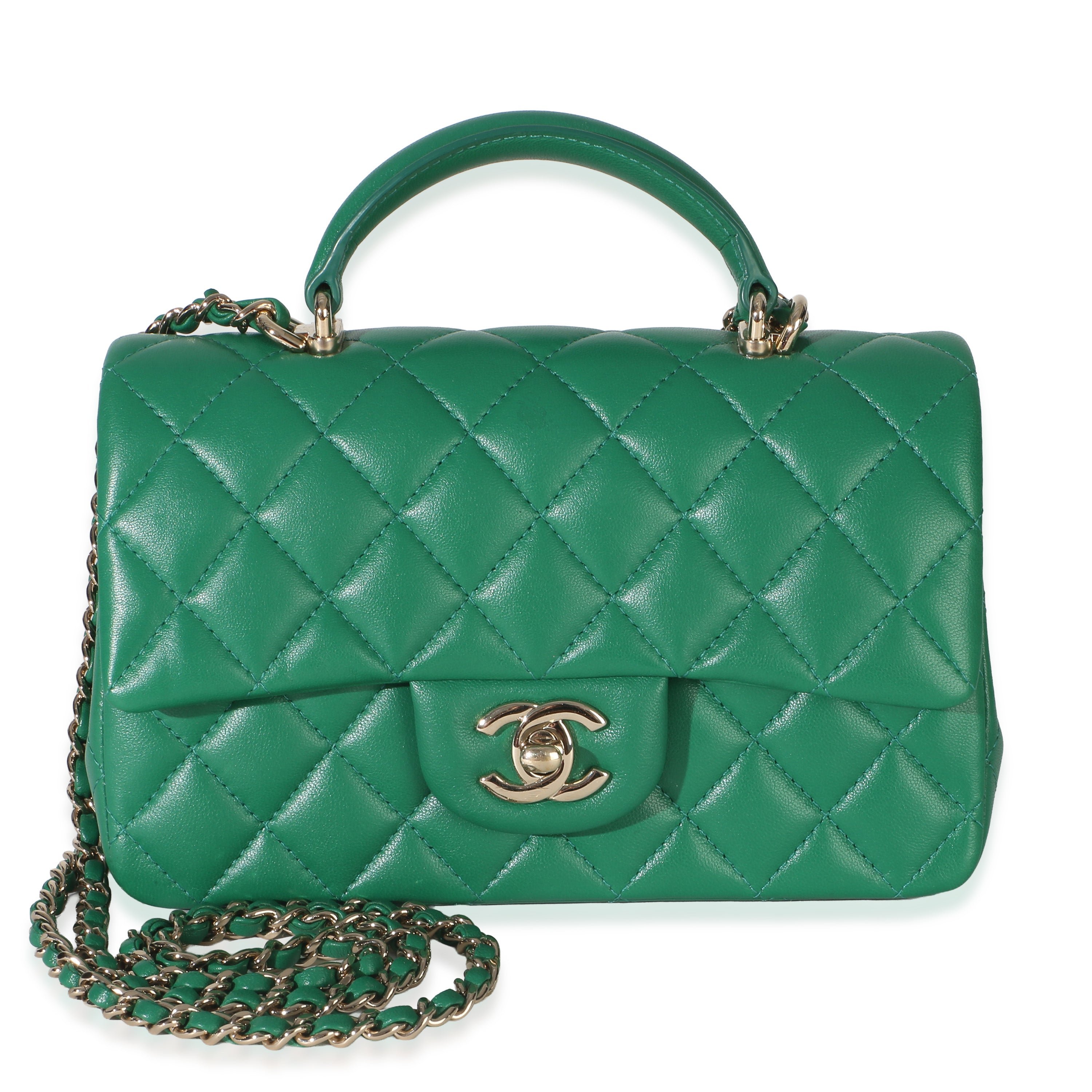 Green Quilted Lambskin Mini Top Handle Rectangular Flap Bag