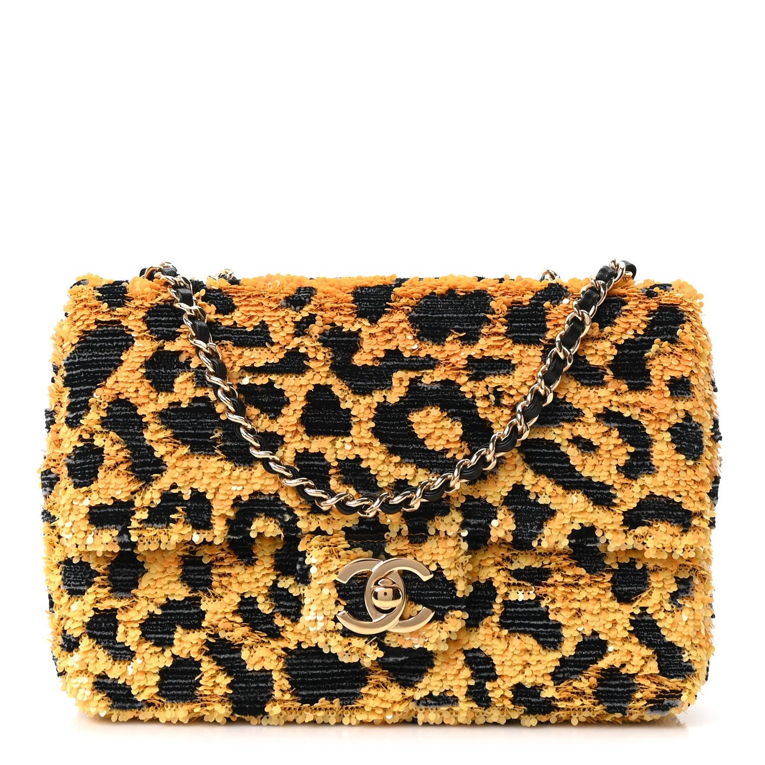 Chanel Sequin Mixed Fibers Leopard Print Mini Rectangular Flap Black Orange