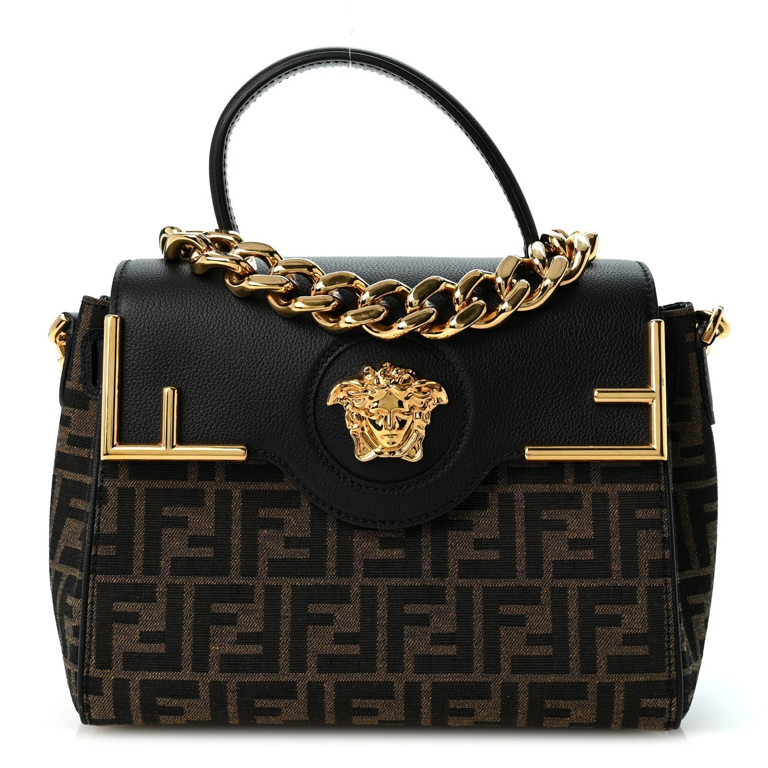 Versace X FENDI Grained Calfskin Fendace Medium La Medusa Top Handle Bag Black Brown