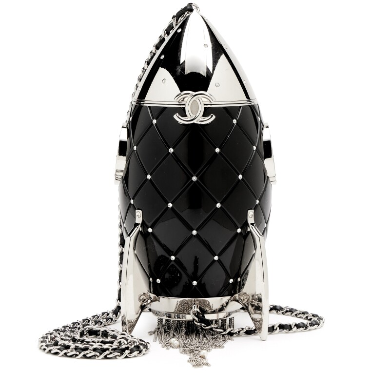 Black Plexiglass and Crystal Rocket Ship Evening Minaudière Bag Silver Hardware, 2017