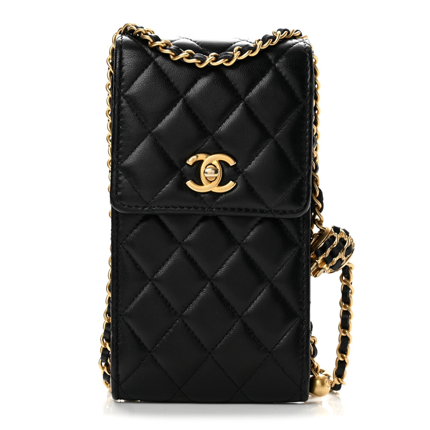 Chanel Lambskin Quilted Pearl Crush Phone Holder With Chain Black