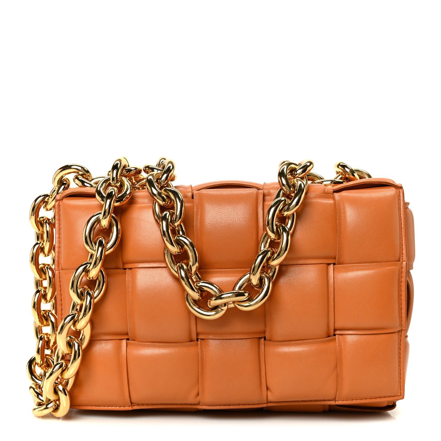 Bottega Veneta Lambskin Maxi Intreccio Padded Chain Cassette Crossbody Bag Caramel