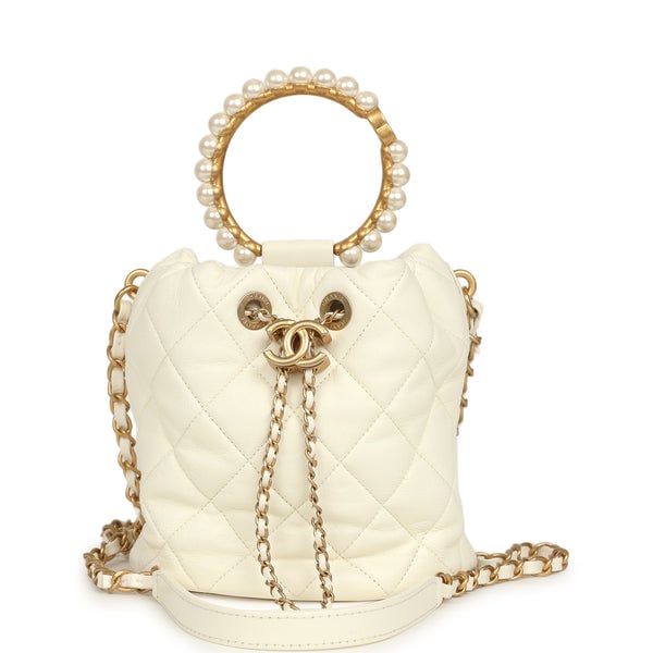 Pre-owned Chanel Mini Pearl Top Handle Bucket Bag White Calfskin Antique Gold Hardware