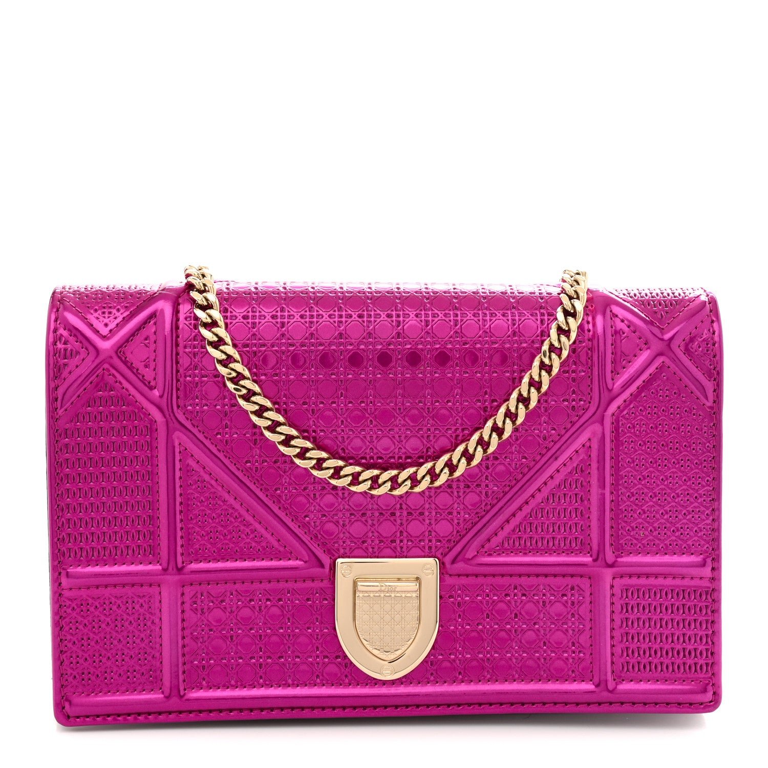 Christian Dior Metallic Patent Micro-Cannage Diorama Wallet on Chain Pouch Pink