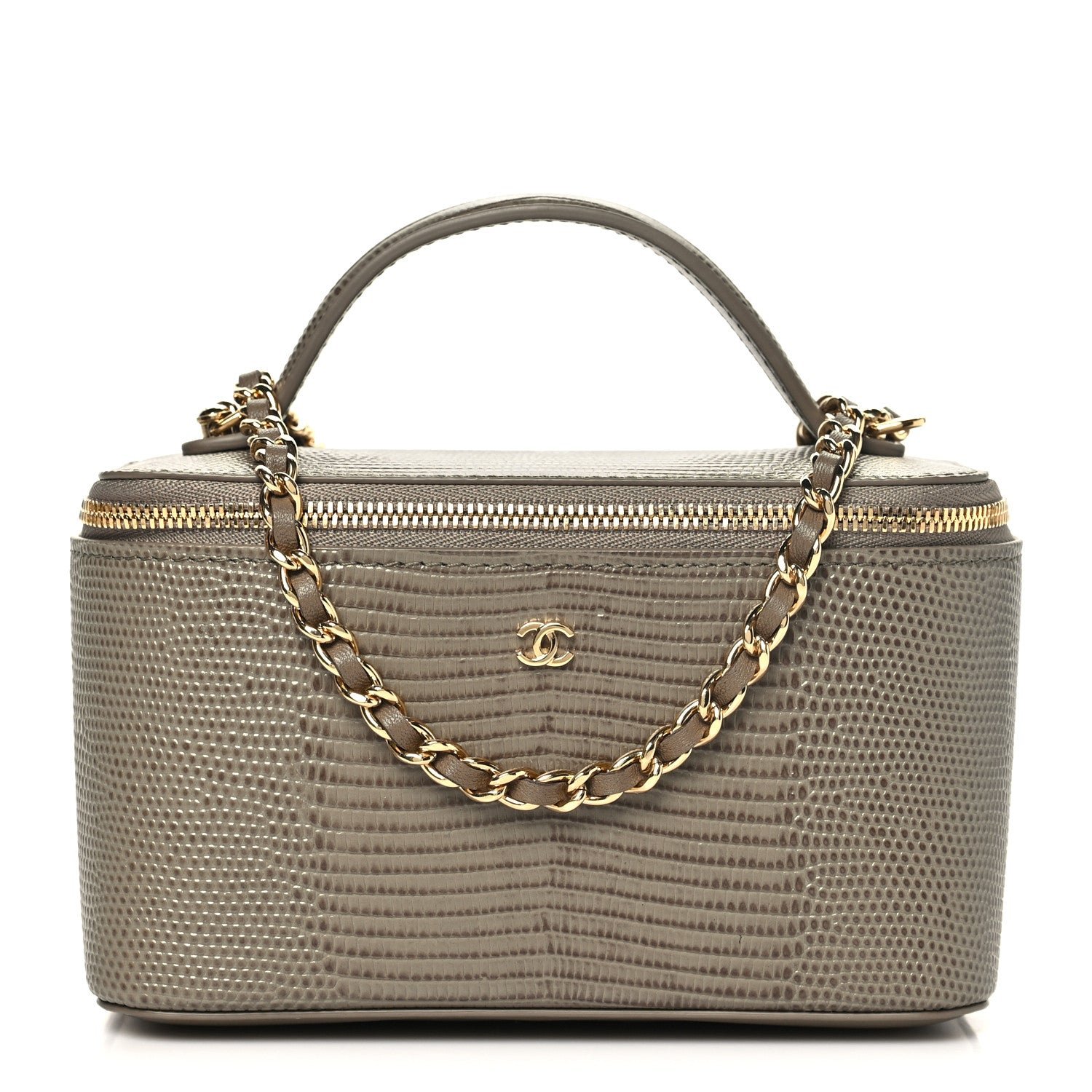 Chanel Calfskin Lizard Embossed Top Handle Vanity With Chain  Dark Khaki
