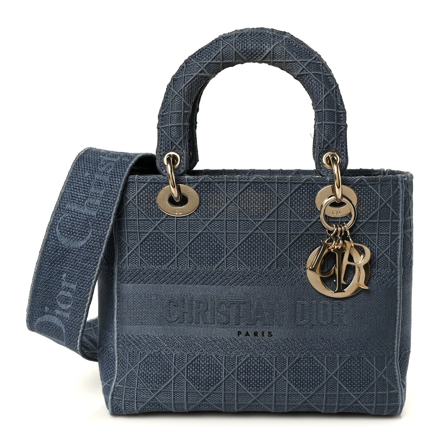 Christian Dior Canvas Embroidered Cannage Medium Lady D-Lite Denim Blue