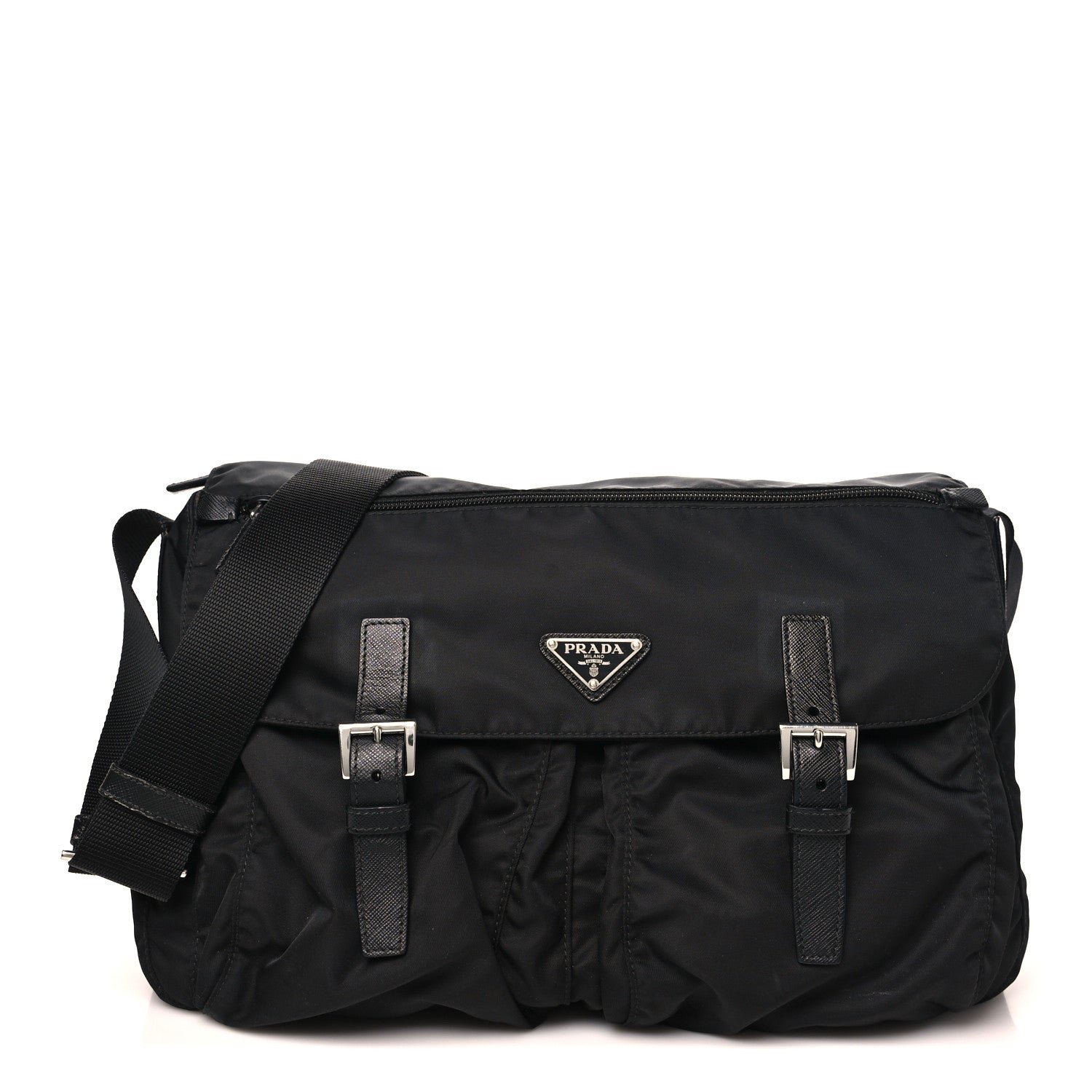 Prada Tessuto Nylon Saffiano Double Buckle Messenger Shoulder Bag Black