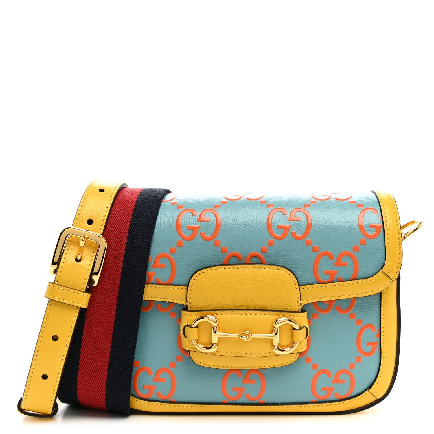 Gucci Azalea Calfskin GG Monogram Bi-Color Debossed Mini Horsebit 1955 Shoulder Bag Dusty Azure Stone Topaz Deep Orange