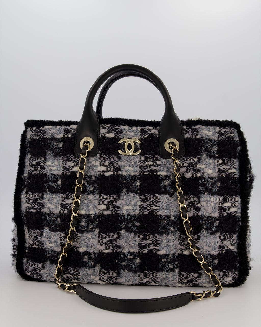 Chanel 25N Grey and Black Tweed Shopping Totte Bag With Champagne Hardware and Leather Handle