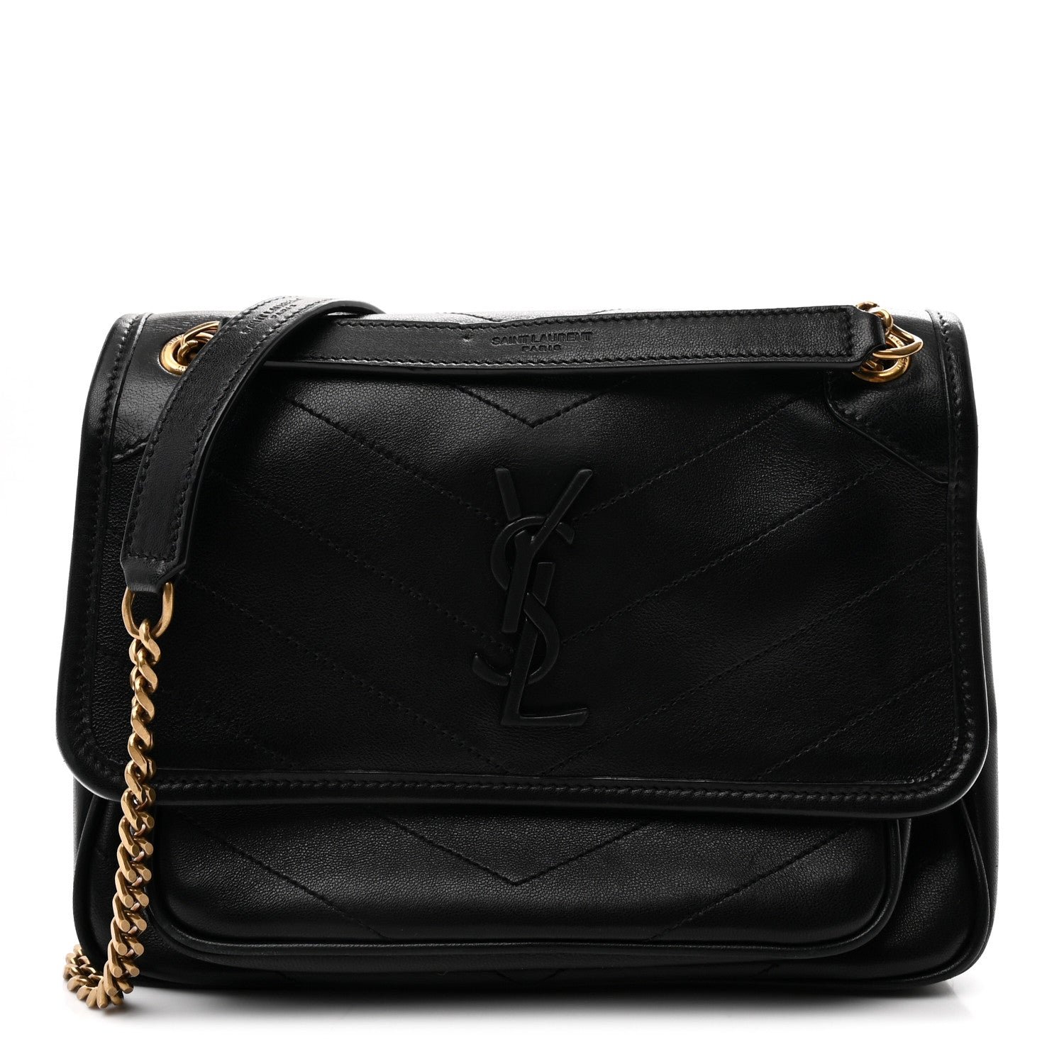Saint Laurent Lambskin Matelasse Monogram Baby Niki Chain Satchel Black