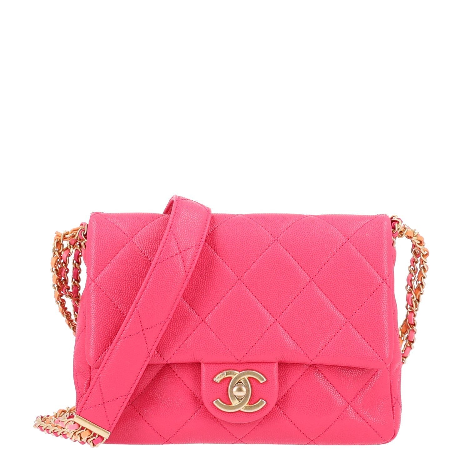 Chanel Shiny Caviar Quilted Chain Sunset Mini Flap Pink