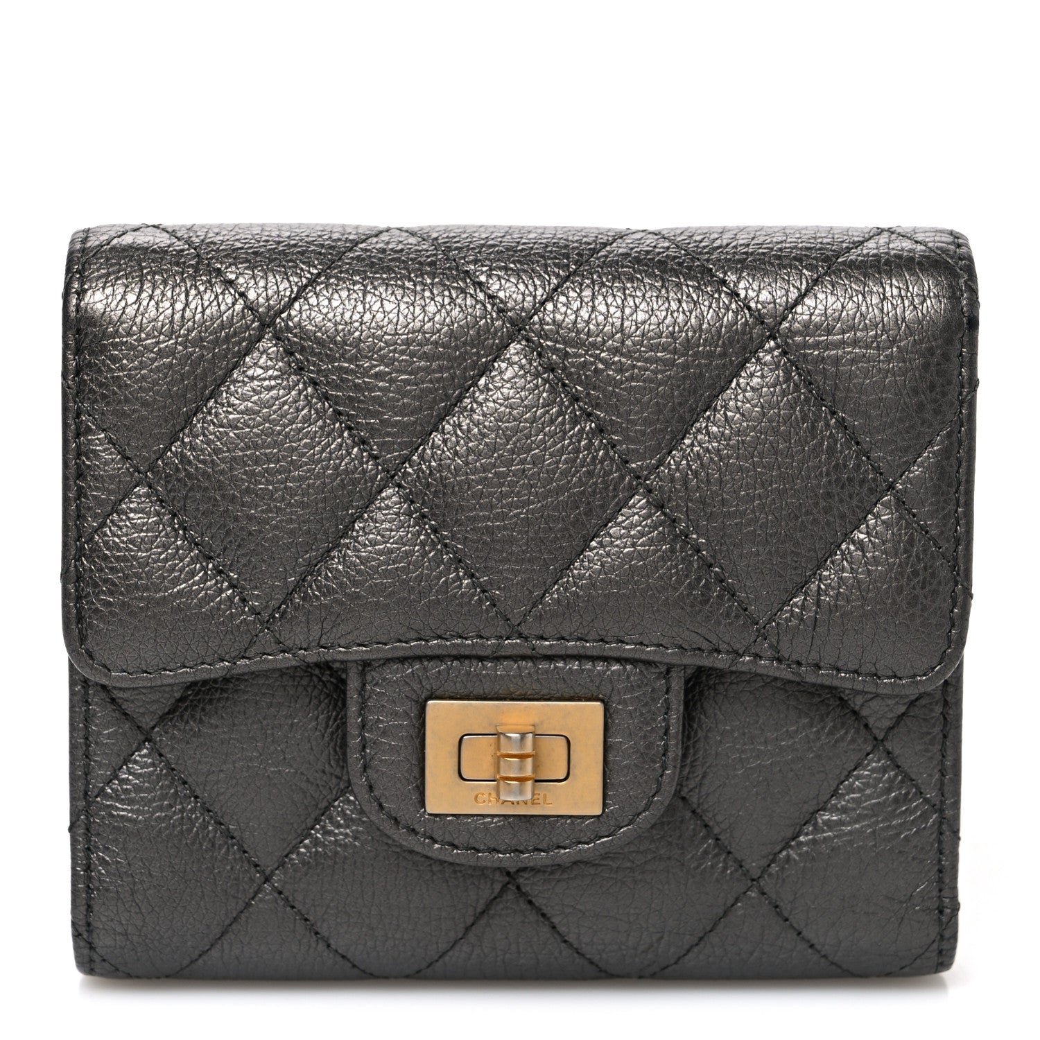 Chanel Metallic Calfskin Quilted Reissue Flap Card Holder Wallet Dark Grey