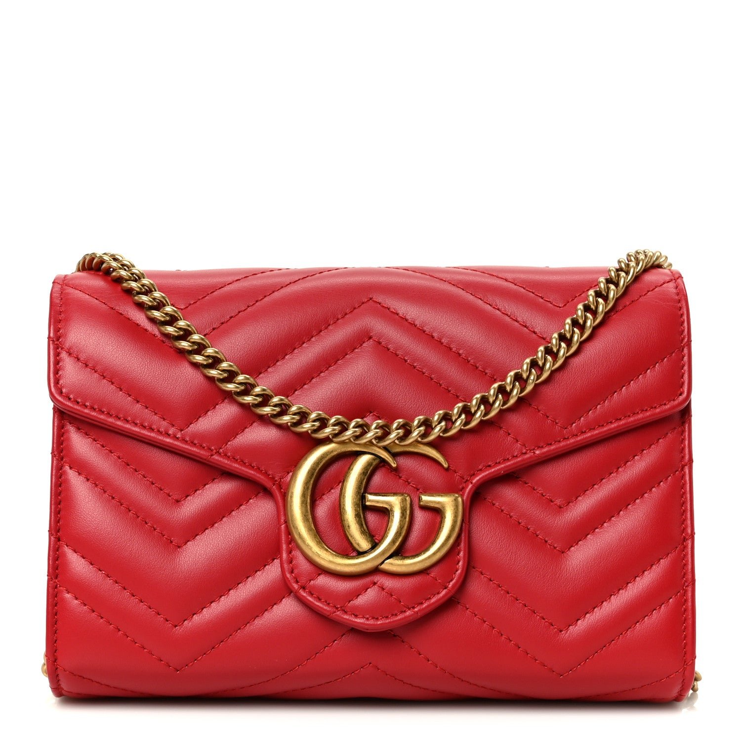 Gucci Calfskin Matelasse GG Marmont Chain Wallet Hibiscus Red