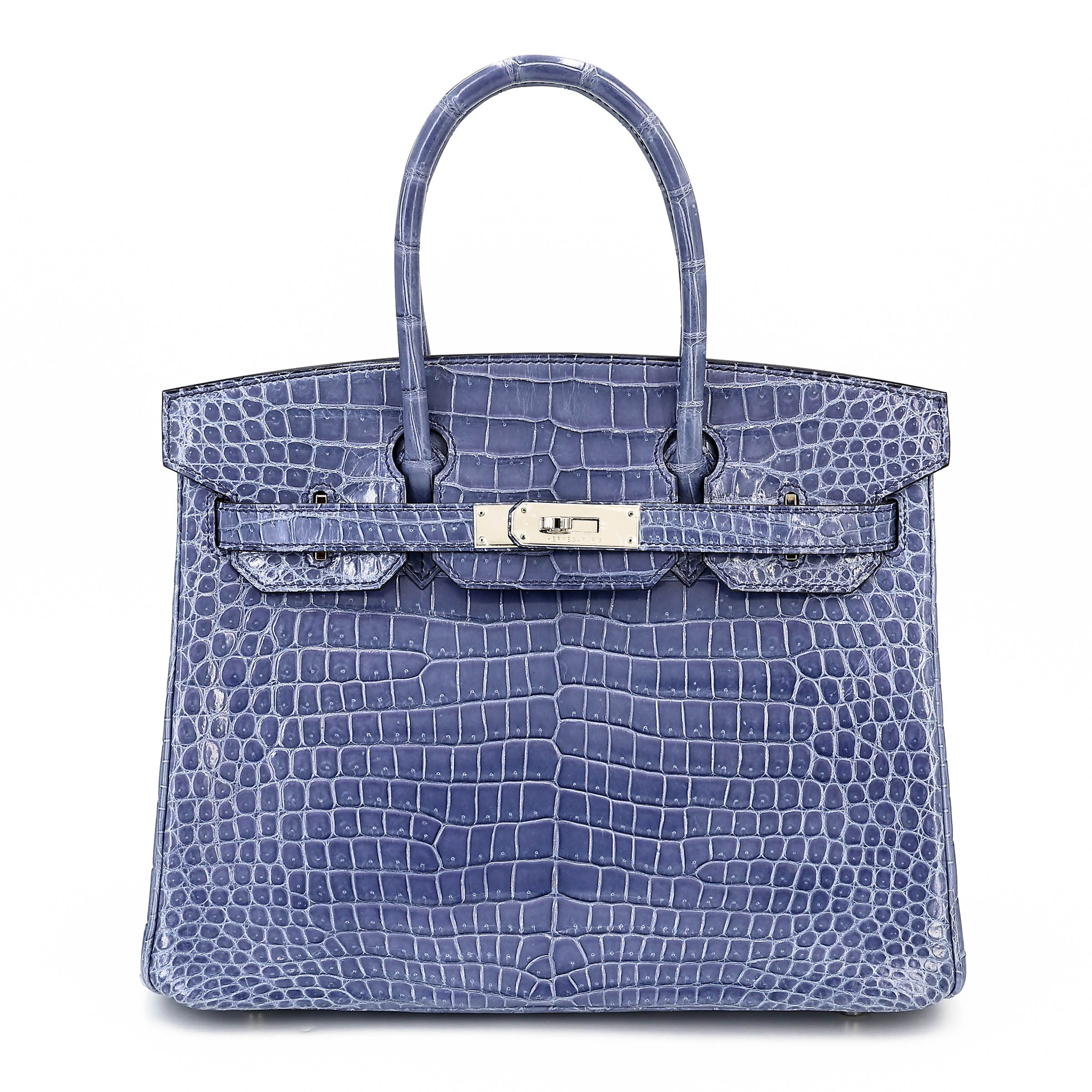 Excellent ( Rank SA ) HERMÈS Birkin 30 Bleu Brighton (7E) Shiny Porosus Crocodile Palladium hardware Square M (2009)