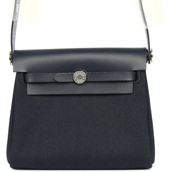 Hermes Herbag Zip 20 Mini Bleu Indigo Toile Militaire Canvas, Vache Hunter Palladium Hardware