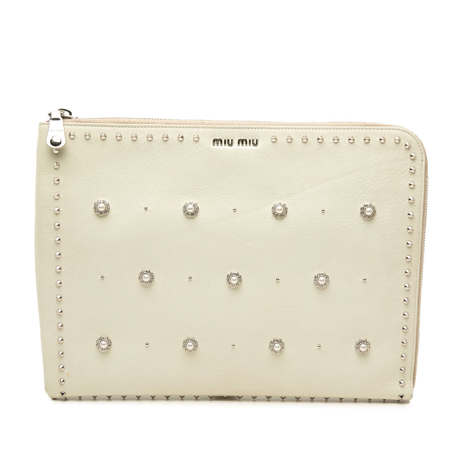 Miu Miu Calf Leather Faux Pearl Studded Clutch