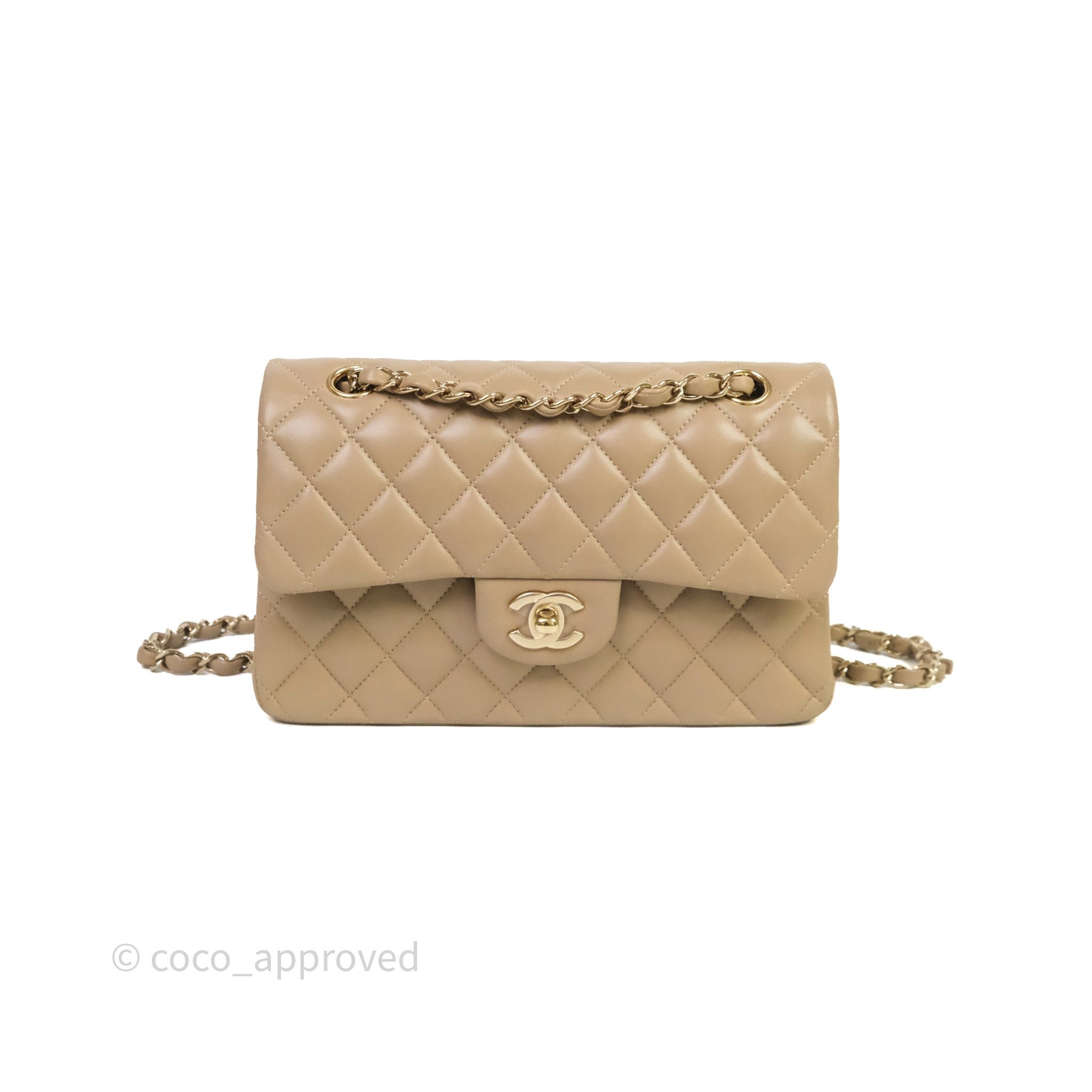 Chanel Small Quilted Classic Flap Beige Lambskin Gold Hardware 21S