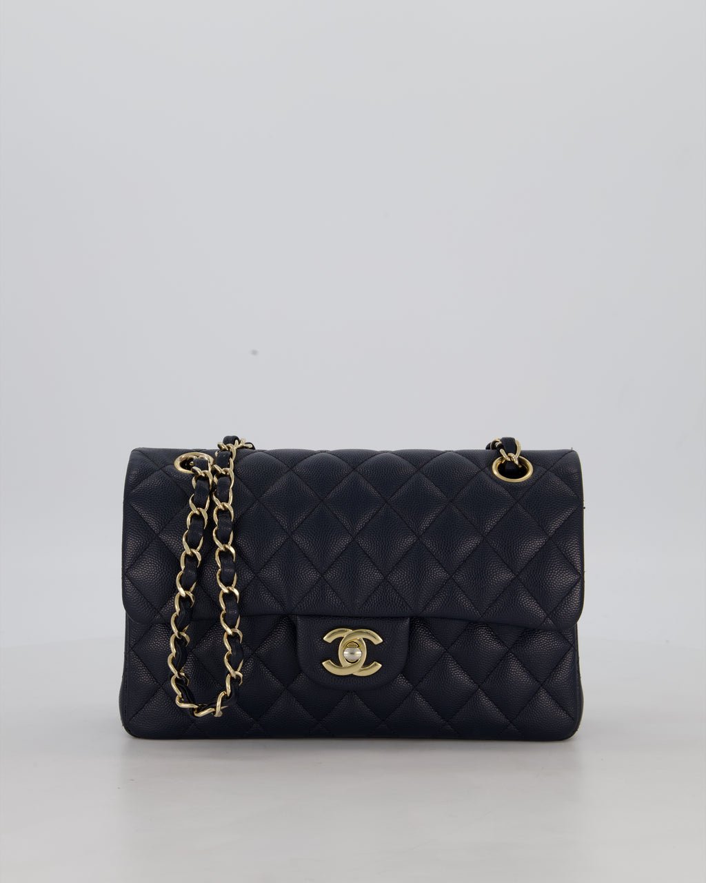 Chanel Navy Small Classic Double Flap Bag in Caviar Leather with Champagne Gold Hardware
