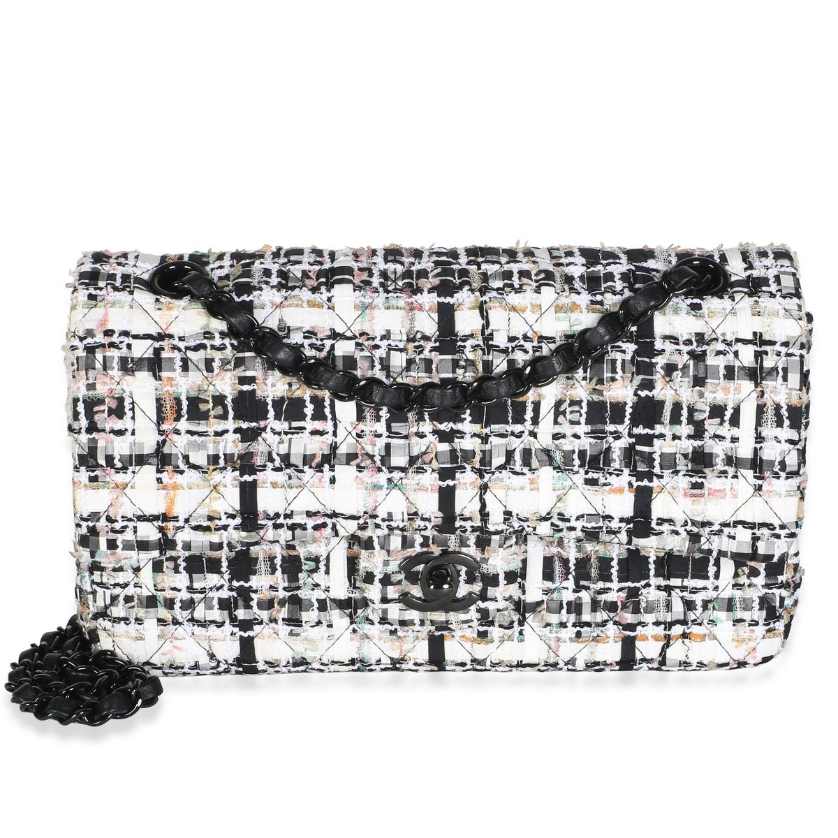 Black White Quilted Tweed Medium Classic Double Flap Bag