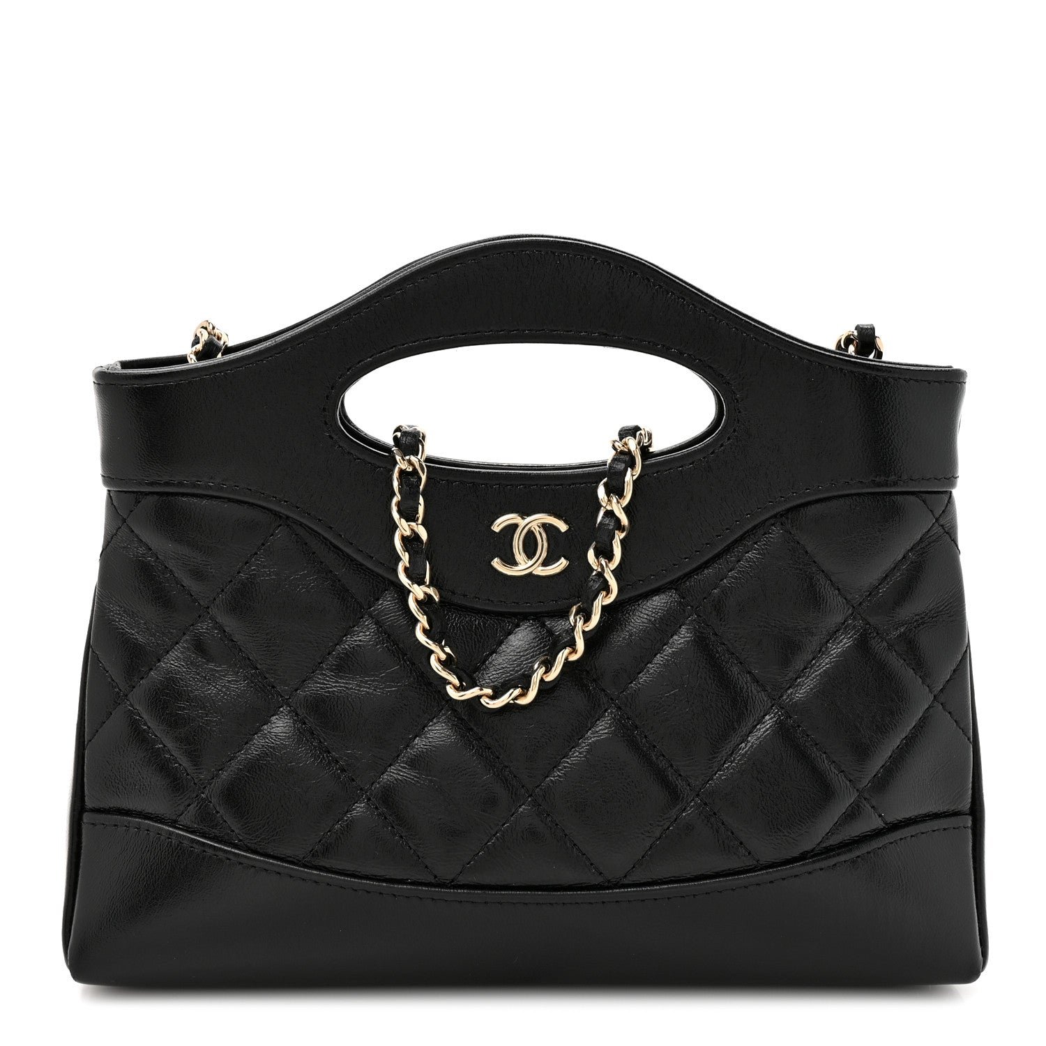Chanel Shiny Crumpled Calfskin Quilted Nano 31 Shopping Bag Black