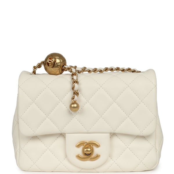 Chanel Mini Square Pearl Crush Flap Bag White Lambskin Antique Gold Hardware