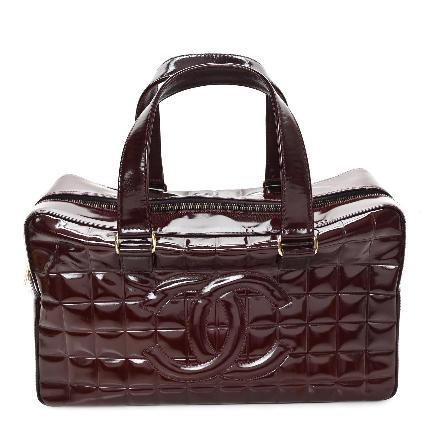 Chanel Patent Quilted Chocolate Bar Bowler Burgundy