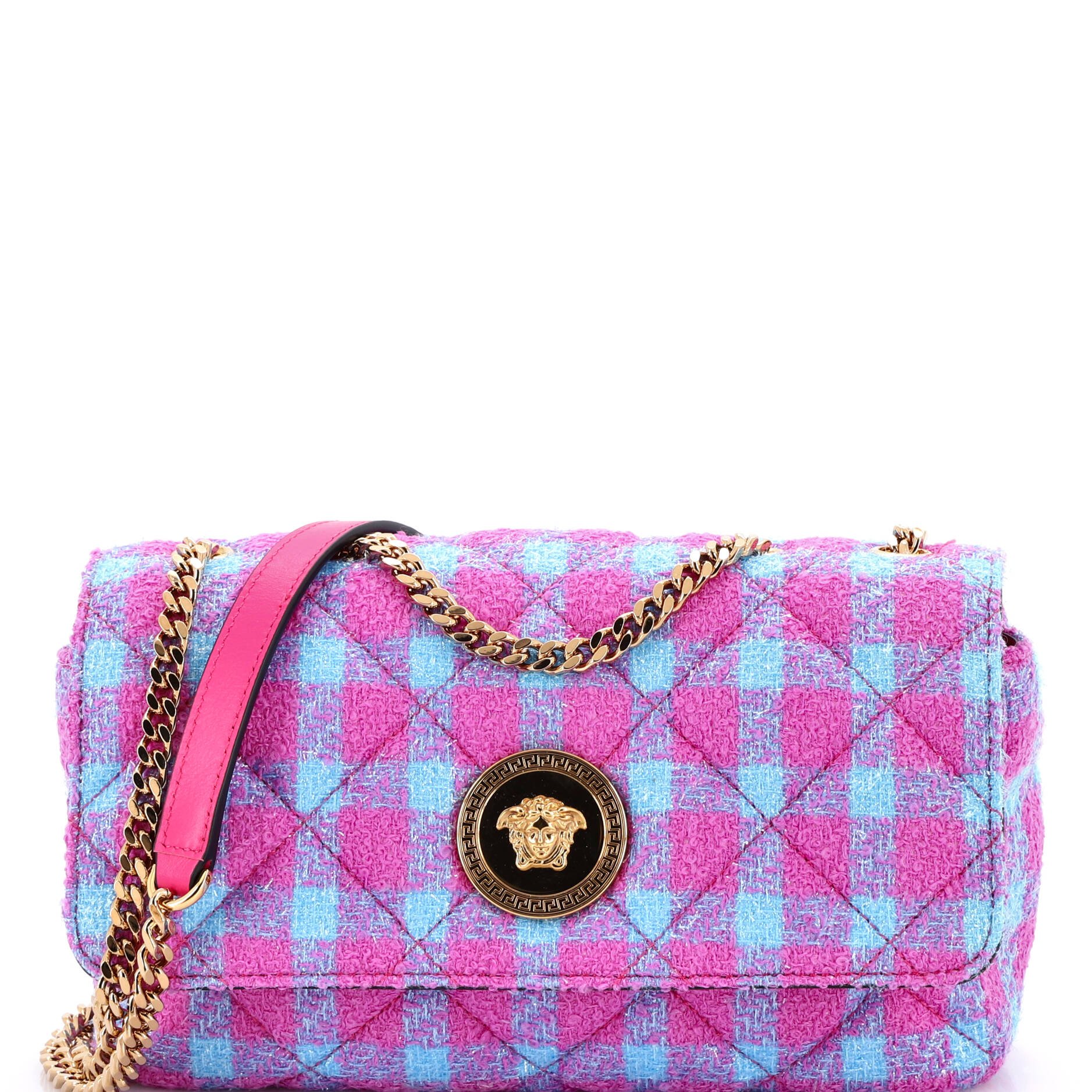 Versace Medusa Icon Chain Flap Bag Quilted Tweed East West