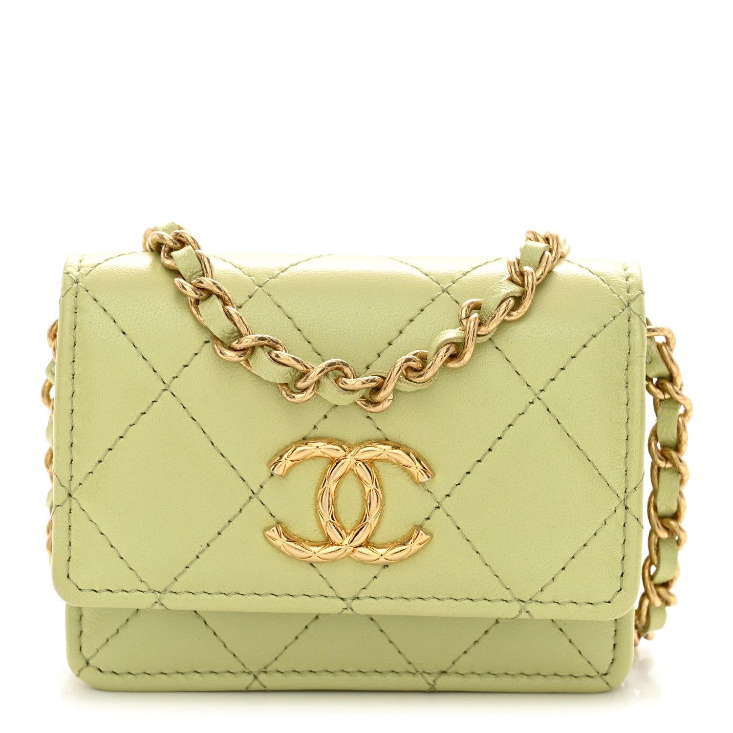 Chanel Lambskin Quilted Flap Card Holder On Chain Light Green