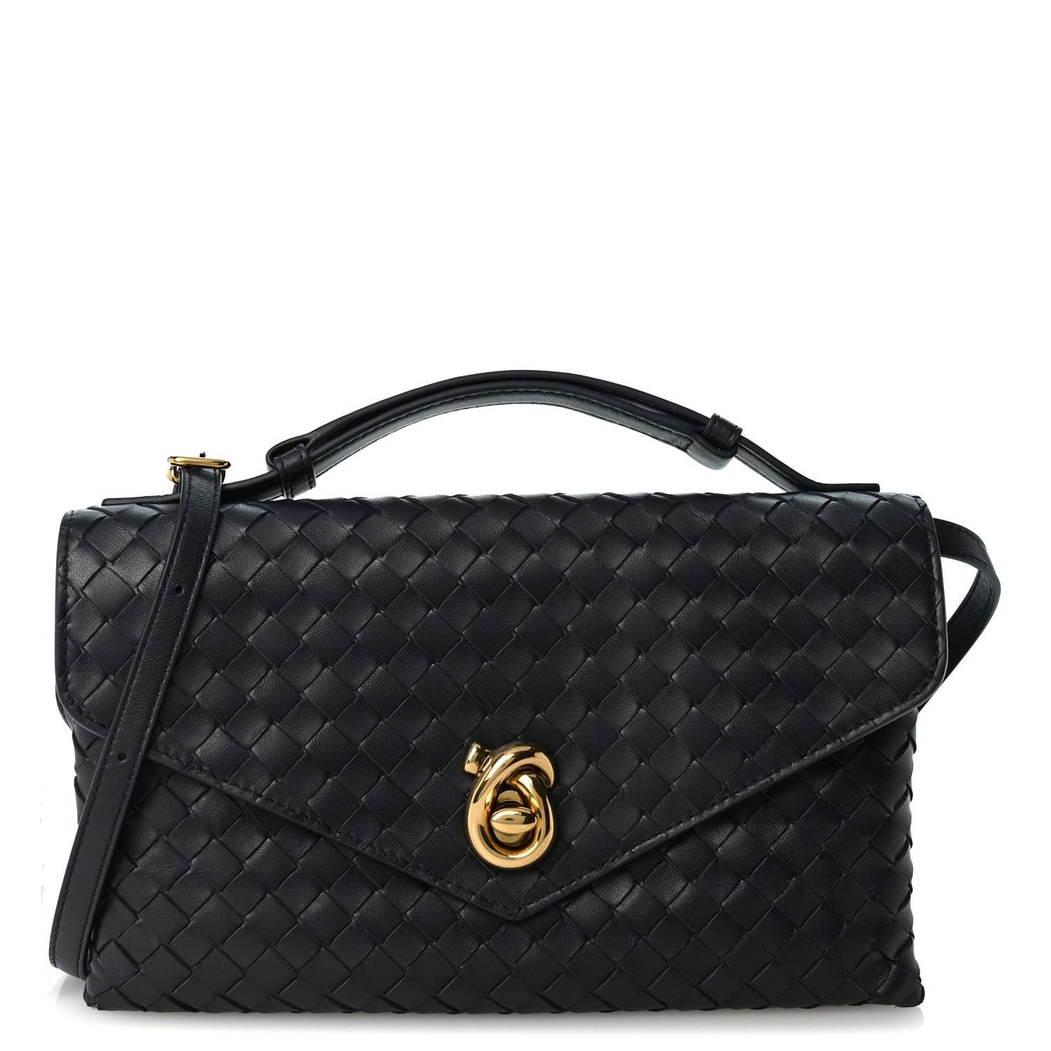 Bottega Veneta Nappa Intrecciato Knot Lock Top Handle Crossbody Bag Midnight
