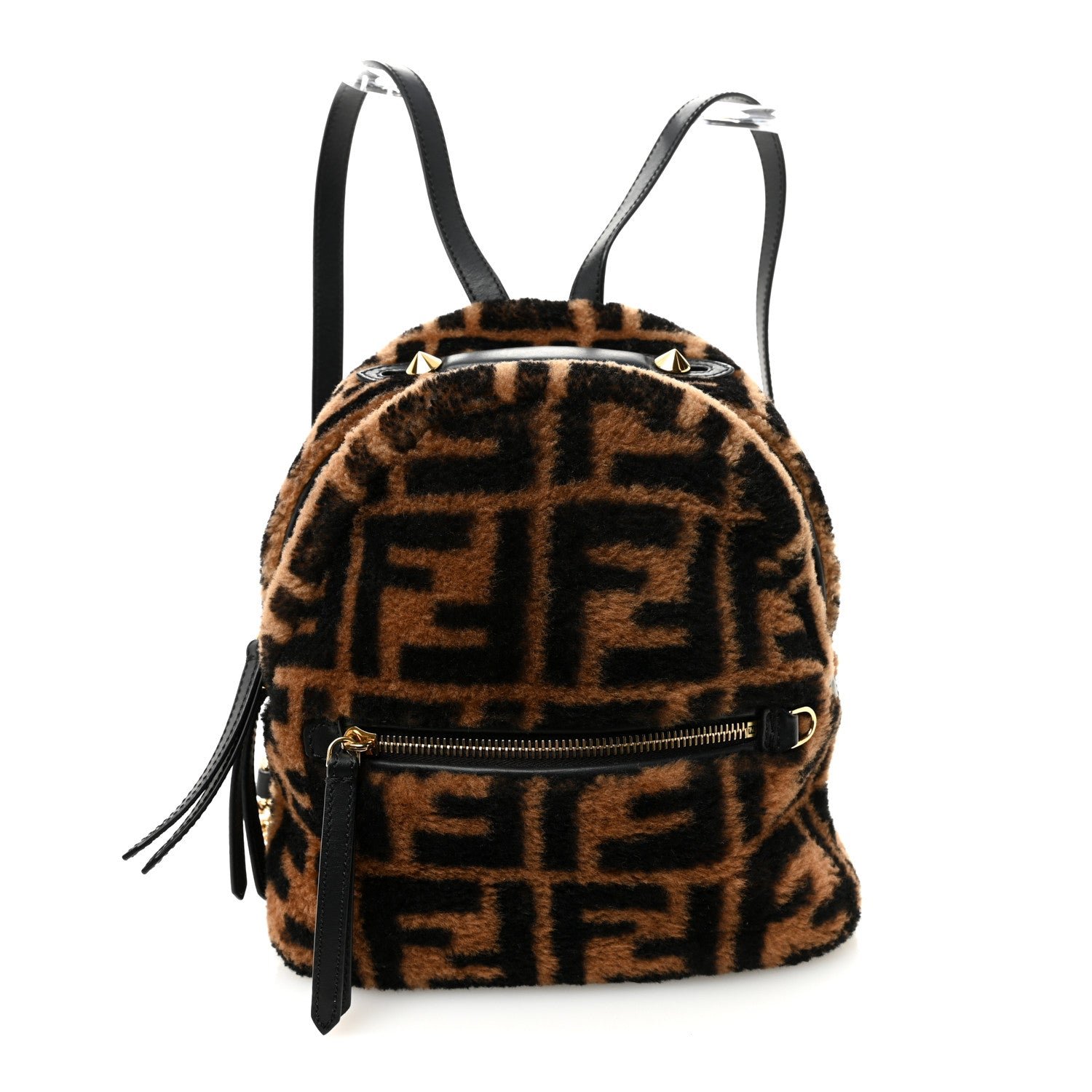 Fendi Shearling Macro FF 1974 Mini Backpack Tobacco Black