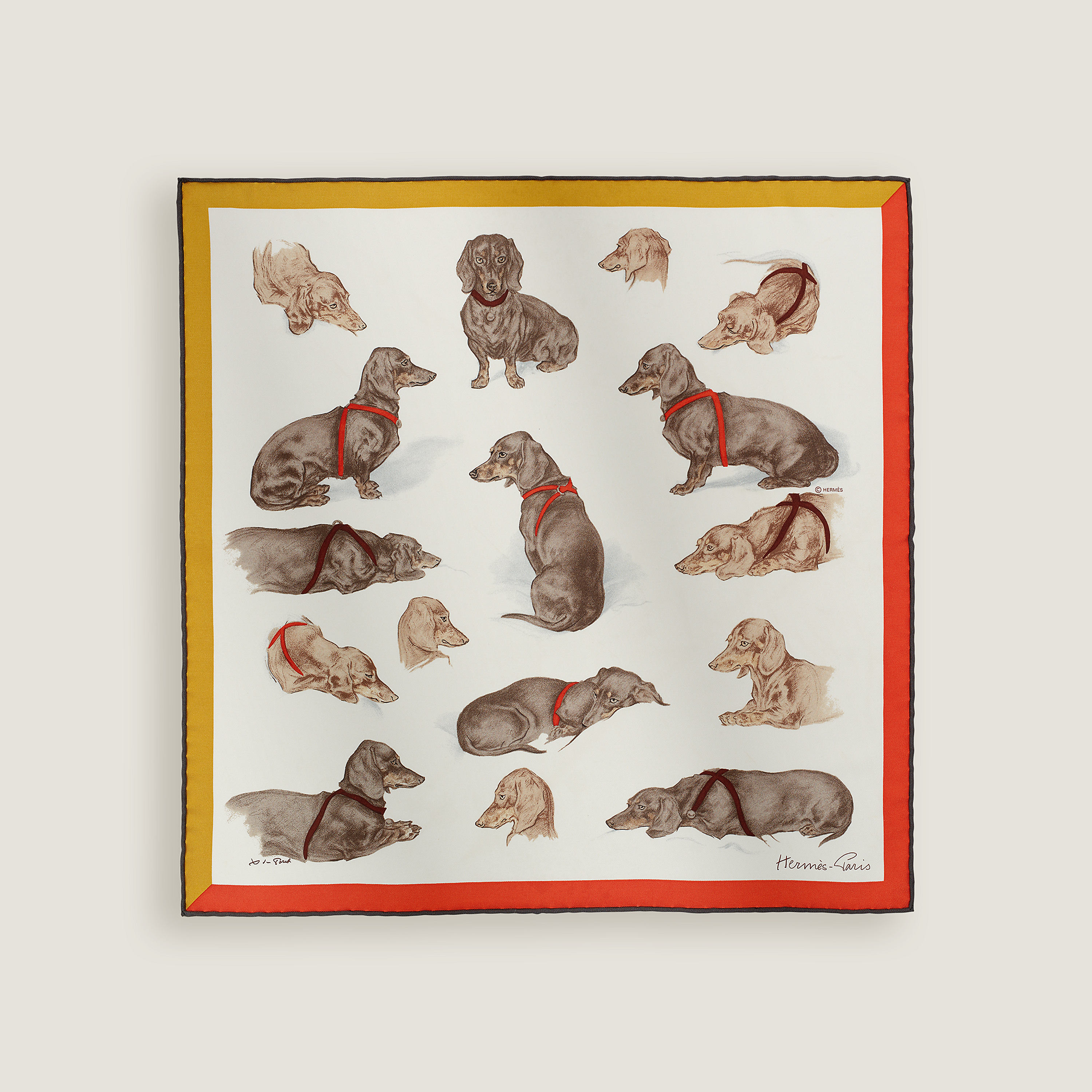 Hermès Les Bassets scarf 45 Blanc/Mordoré/Vermillon | BagUSeek