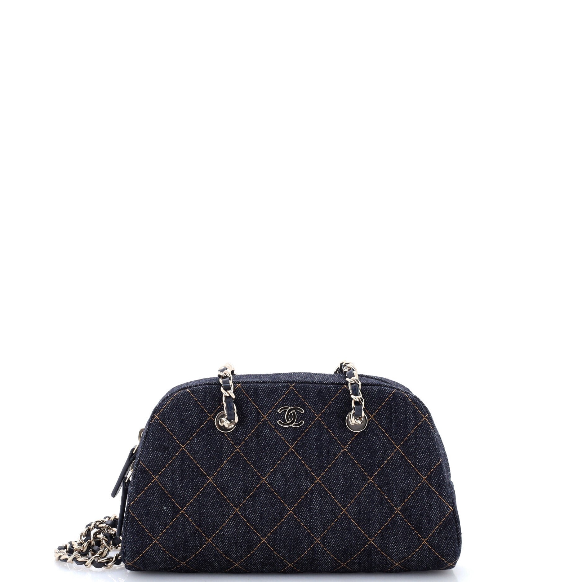 Bowling Clutch with Chain Quilted Denim