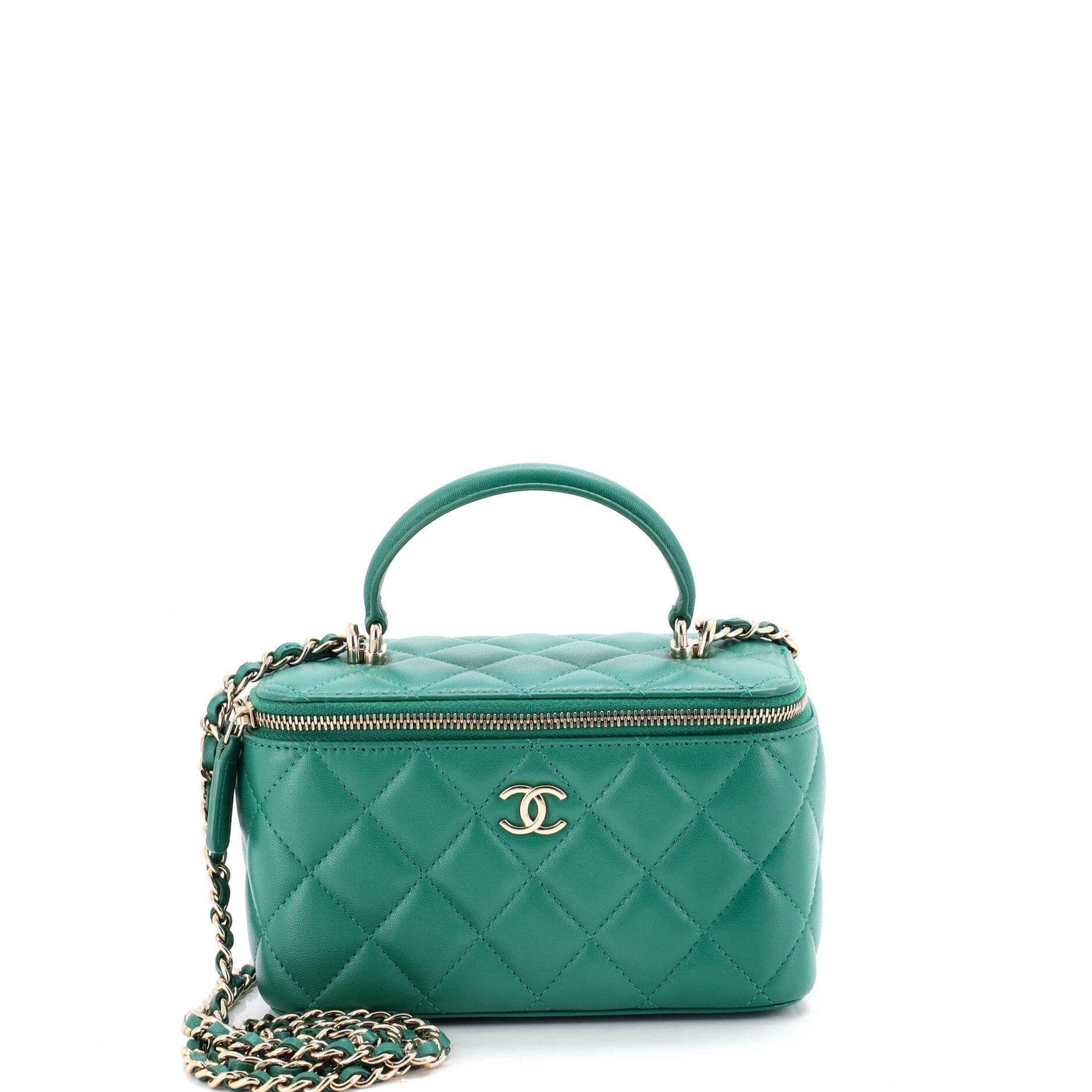 Classic Top Handle Vanity Case with Chain Quilted Lambskin Small